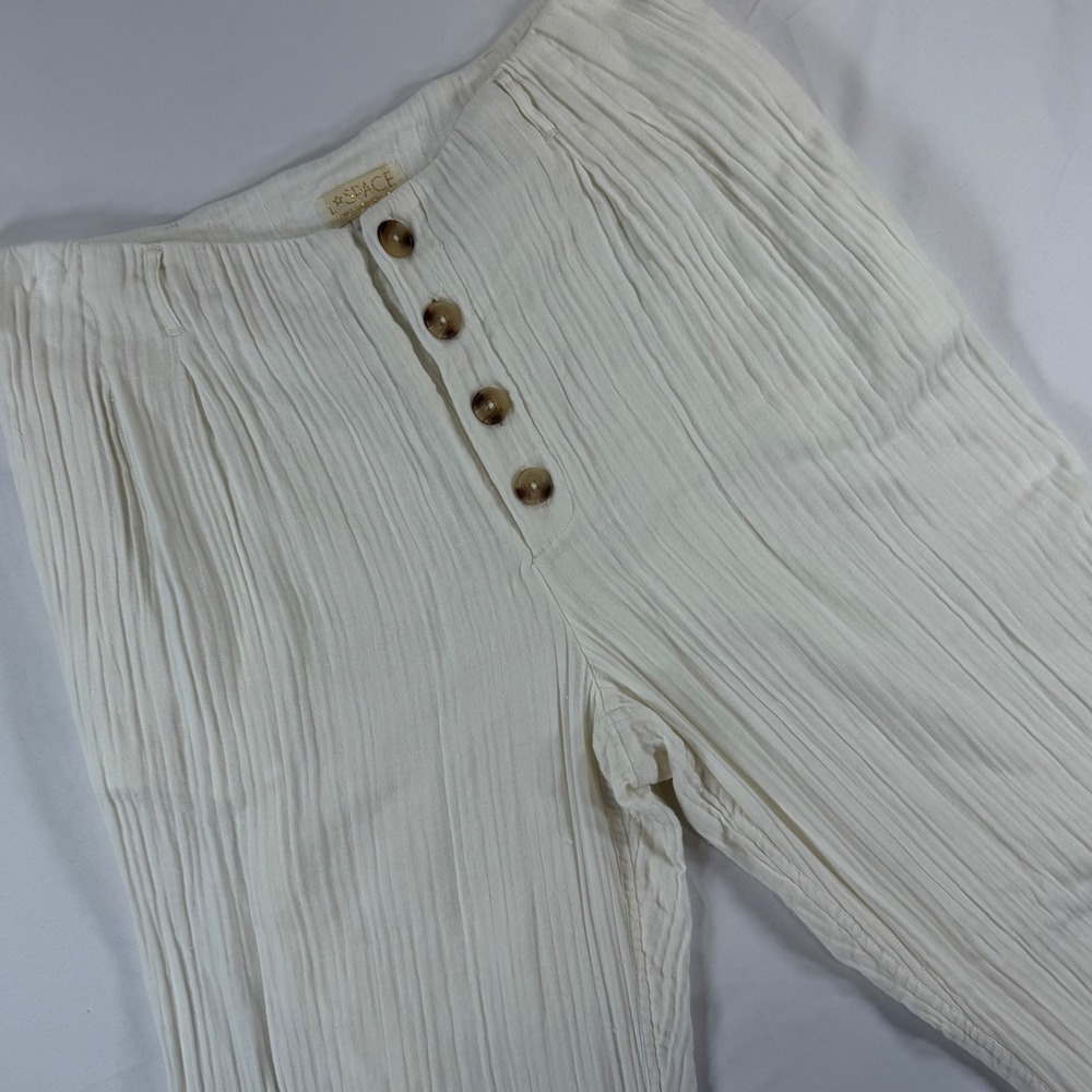 L*Space Women Cream White Cotton Gauze Wide Leg Button Fly Pants Size Large